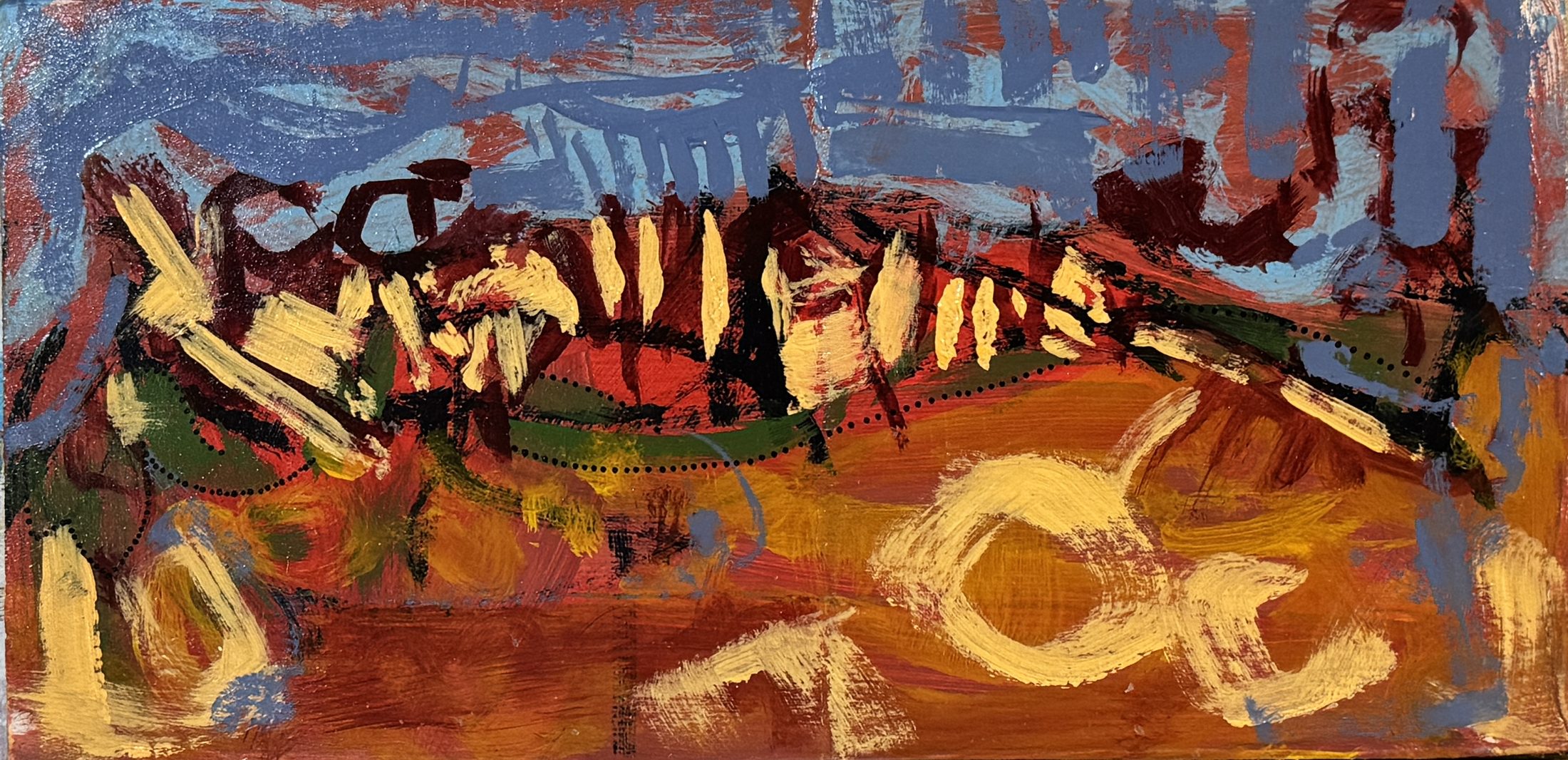 Pattern Landscape (1, 2025) — abstract painting in red, blue and ochre with dotted line markings