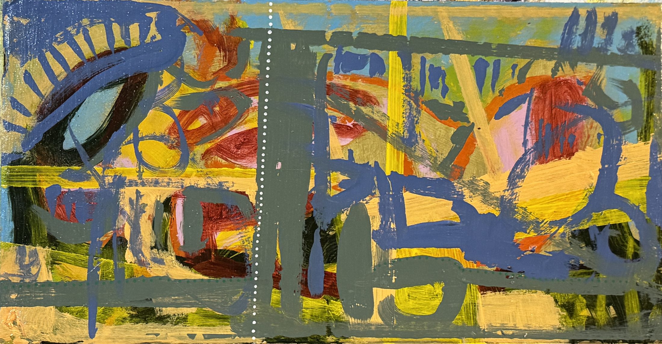 Pattern Landscape (2, 2025) — abstract painting in blue, yellow and slate with dotted line markings